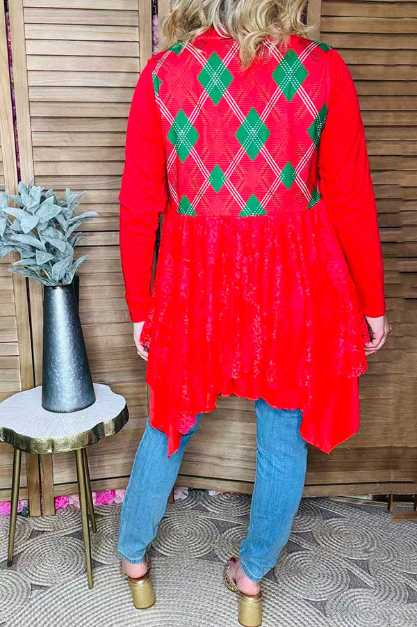 Red/green checkered red lace irregular bottom women vest/cardigan XCH15320