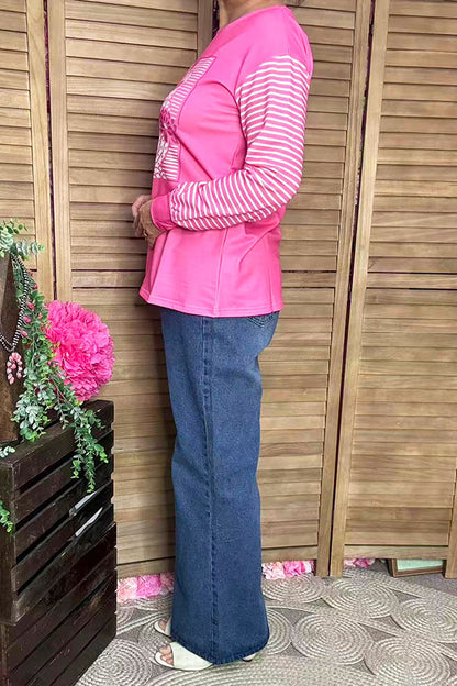 XCH15323 Floral&white pink striped printed long sleeve/tighten cuff women tops