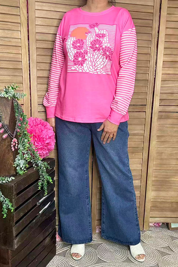 XCH15323 Floral&white pink striped printed long sleeve/tighten cuff women tops