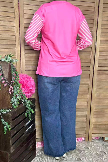 XCH15323 Floral&white pink striped printed long sleeve/tighten cuff women tops