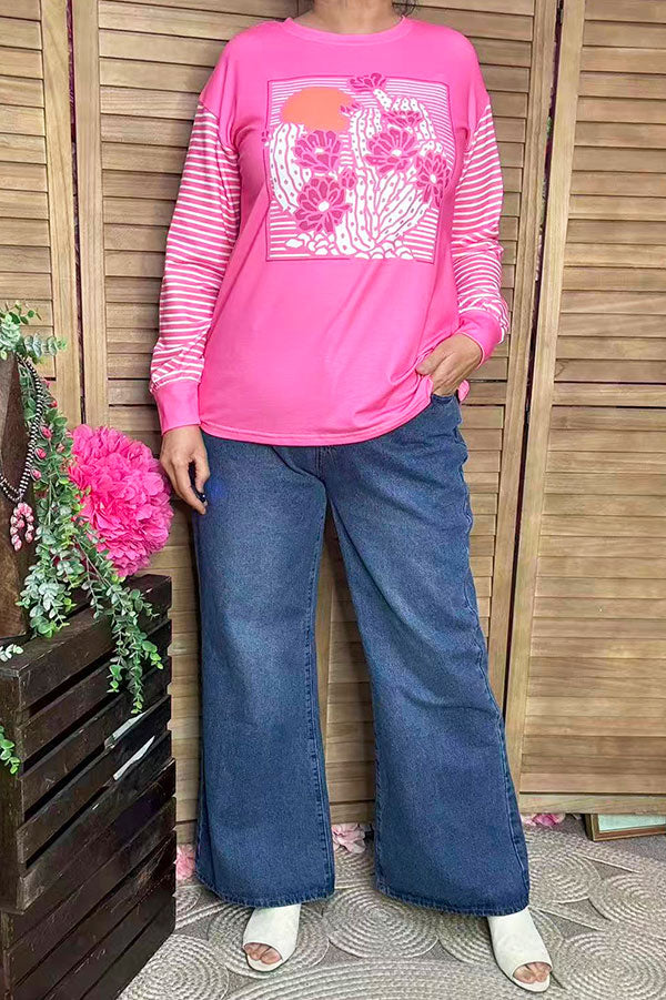 XCH15323 Floral&white pink striped printed long sleeve/tighten cuff women tops