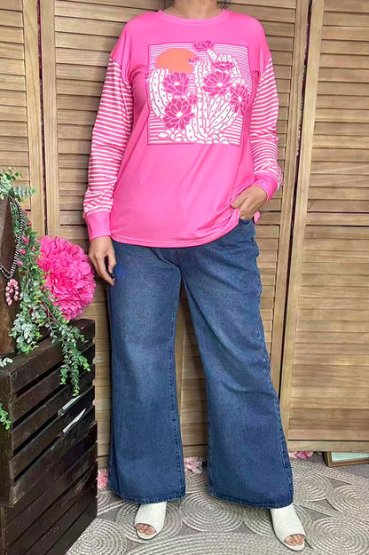 XCH15323 Floral&white pink striped printed long sleeve/tighten cuff women tops