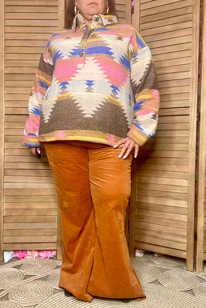 Plus western aztec long sleeve women jacket w/buttons XCH15477