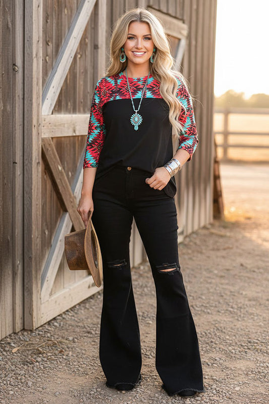 Western aztec & black 3/4 sleeve women's boutique top XCH15543