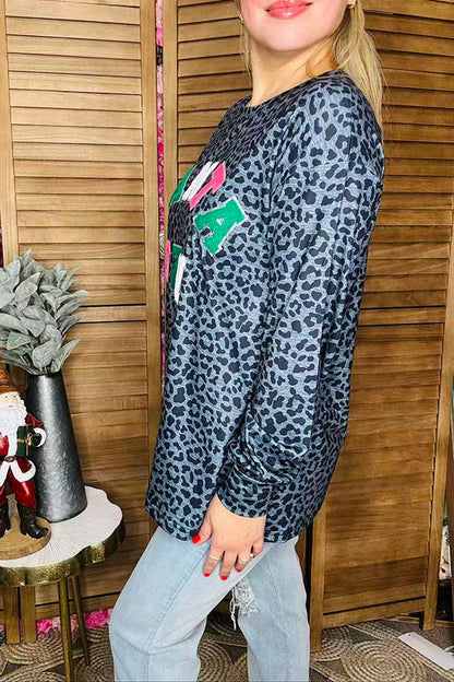 "SANTA SZN" embroidery leopard printed long sleeve women blouse XCH15610