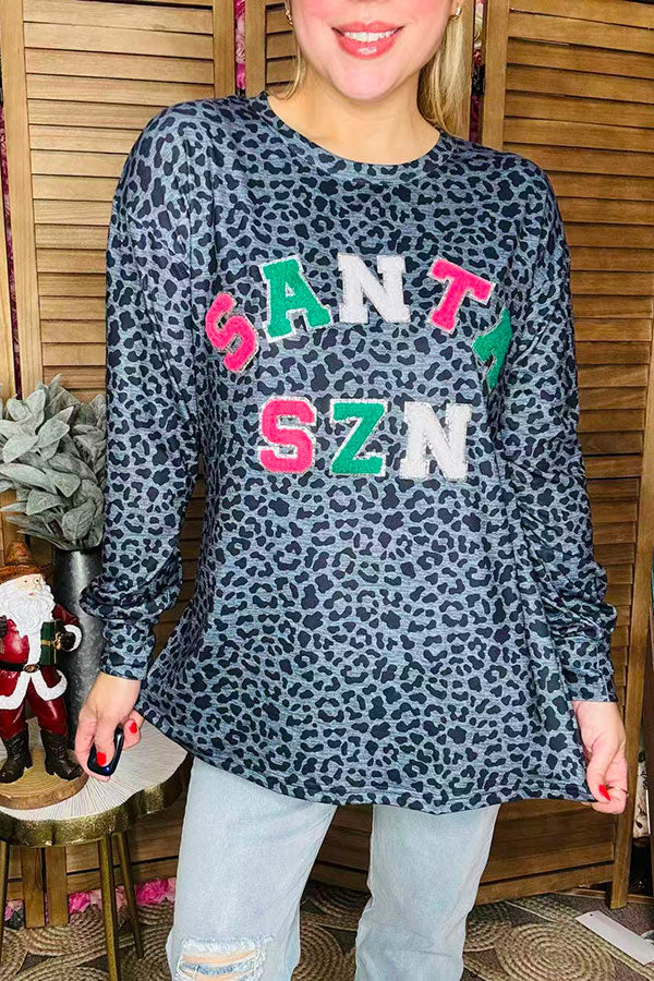 "SANTA SZN" embroidery leopard printed long sleeve women blouse XCH15610