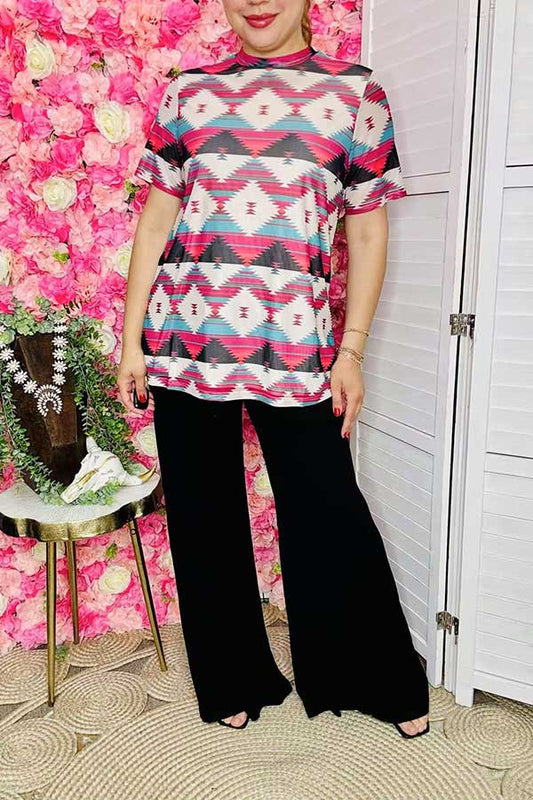 Women's clothing wholesale aztec prints sheer short sleeve mesh top XCH15689