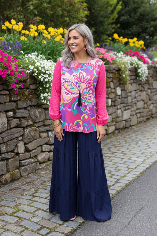 XCH15691 Floral printed pink chiffon long sleeve women blouse