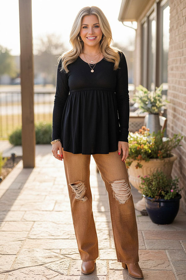 Western black knitted fabric baby doll women's boutique top XCH15735