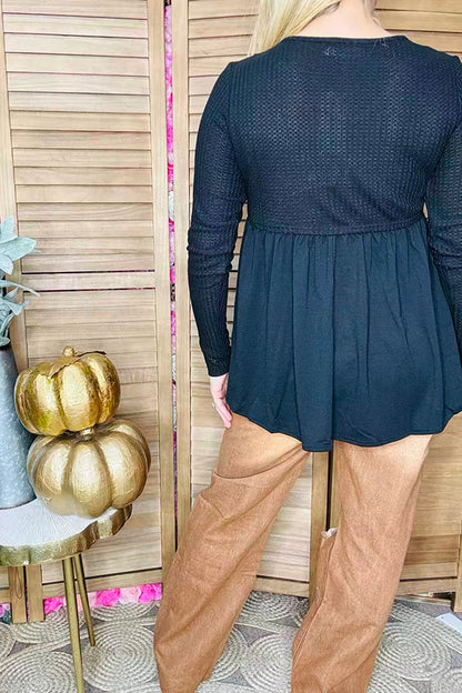 Black baby doll design long sleeve upper knitted fabric women tops XCH15735