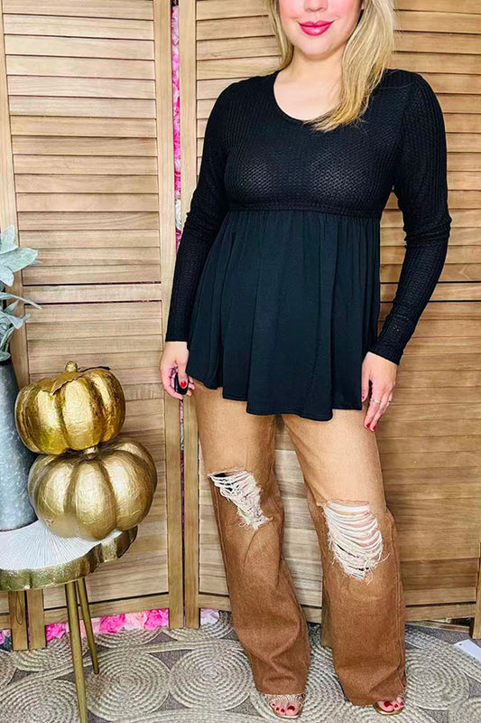 Black baby doll design long sleeve upper knitted fabric women tops XCH15735