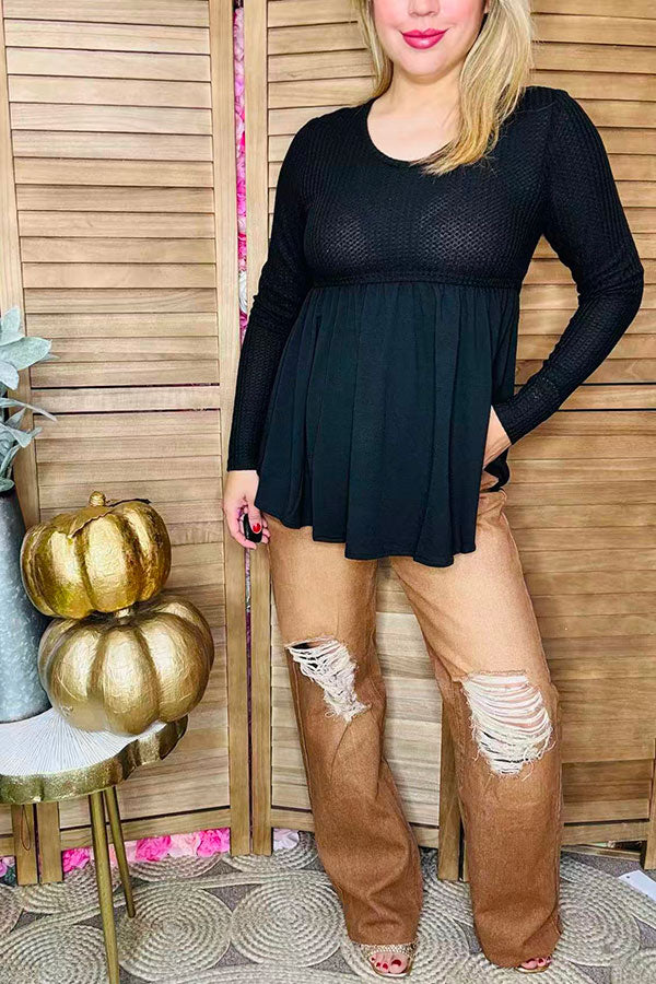 Black baby doll design long sleeve upper knitted fabric women tops XCH15735