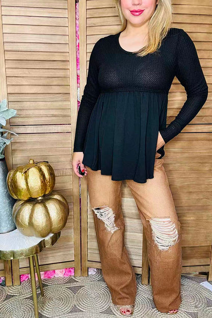 Black baby doll design long sleeve upper knitted fabric women tops XCH15735