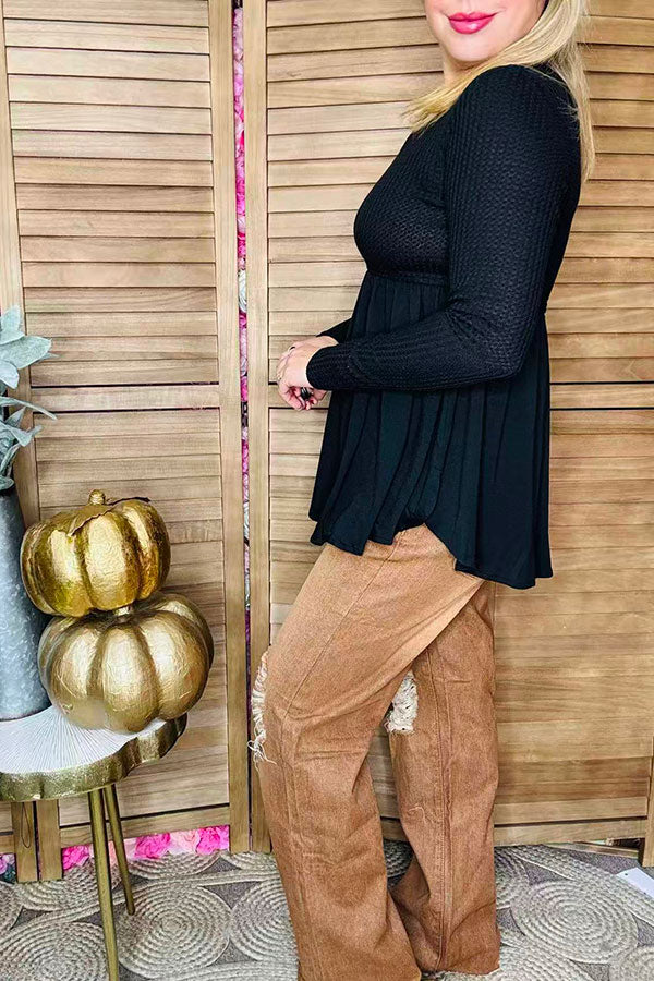 Black baby doll design long sleeve upper knitted fabric women tops XCH15735