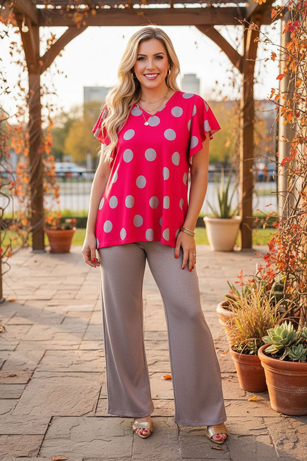 Western fuchsia polka dots & grey wide leg pant women's boutique set XCH15751