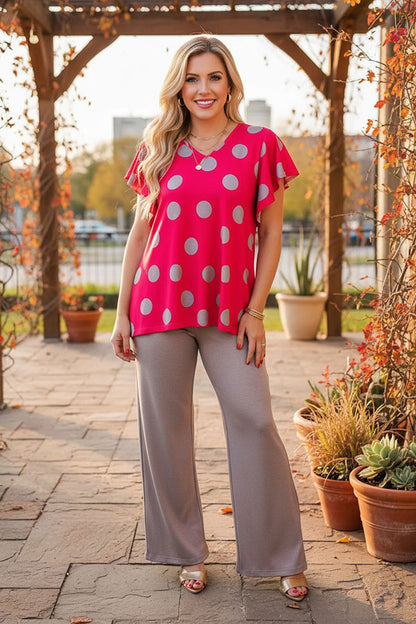 Western fuchsia polka dots & grey wide leg pant women's boutique set XCH15751