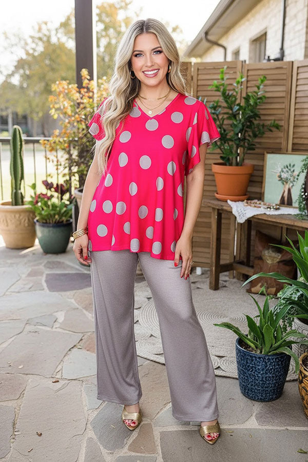 Western fuchsia polka dots & grey wide leg pant women's boutique set XCH15751