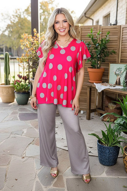 Western fuchsia polka dots & grey wide leg pant women's boutique set XCH15751
