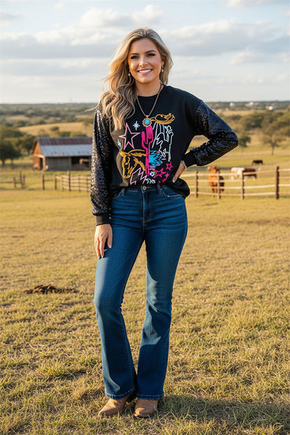 Western embroidery & sequin long sleeve women's boutique top XCH15788