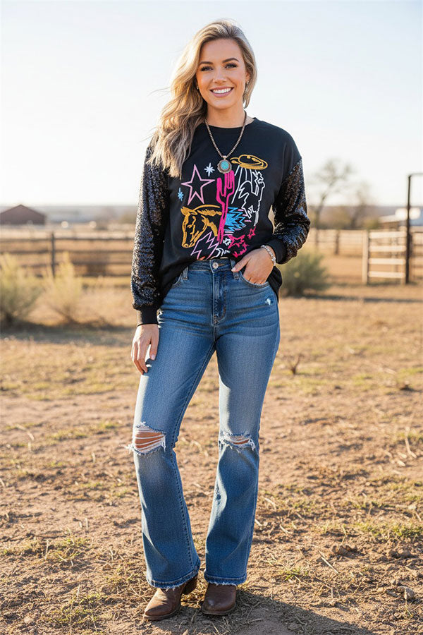 Western embroidery & sequin long sleeve women's boutique top XCH15788