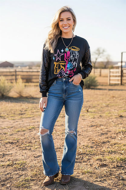 Western embroidery & sequin long sleeve women's boutique top XCH15788