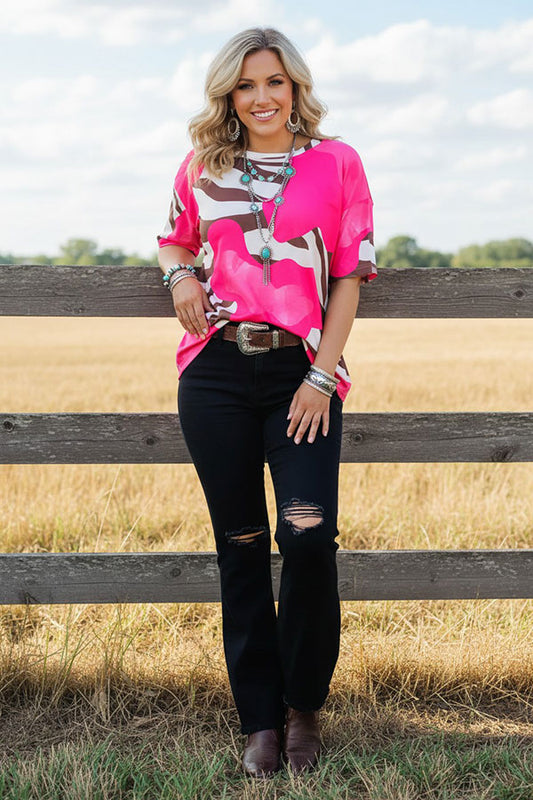 Western patchwork short sleeve women's boutique top XCH15809