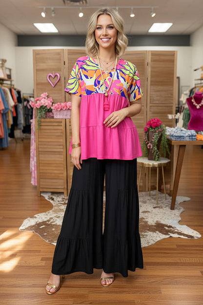 Chic tropical leaf print baby doll loose style women's boutique top Southern Stitch XCH15855
