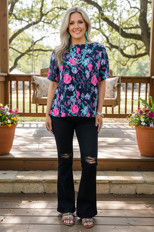 Trendy floral print short sleeve women's boutique top Southern Stitch XCH15893