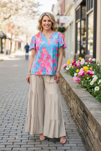XCH15913 Fuchsia floral tie-dye printed short bell sleeve V-neckline women tops