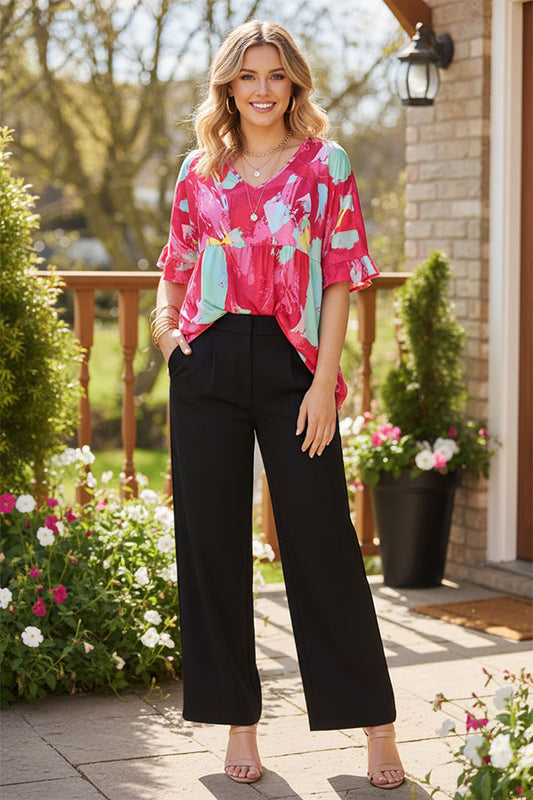 XCH15921 Fuchsia/mint printed drop-shoulder short sleeve baby doll women blouse