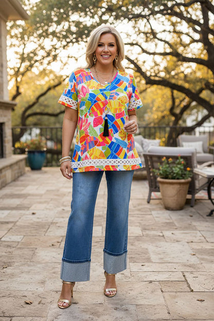 Trendy floral print short sleeve white trim women's boutique top XCH15927