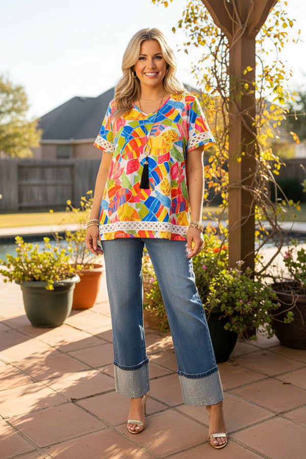 Trendy floral print short sleeve white trim women's boutique top XCH15927