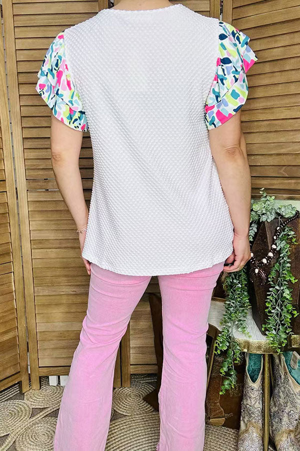 Women's t-shirt wholesale Floral sleeve & white color block ladies top XCH15932