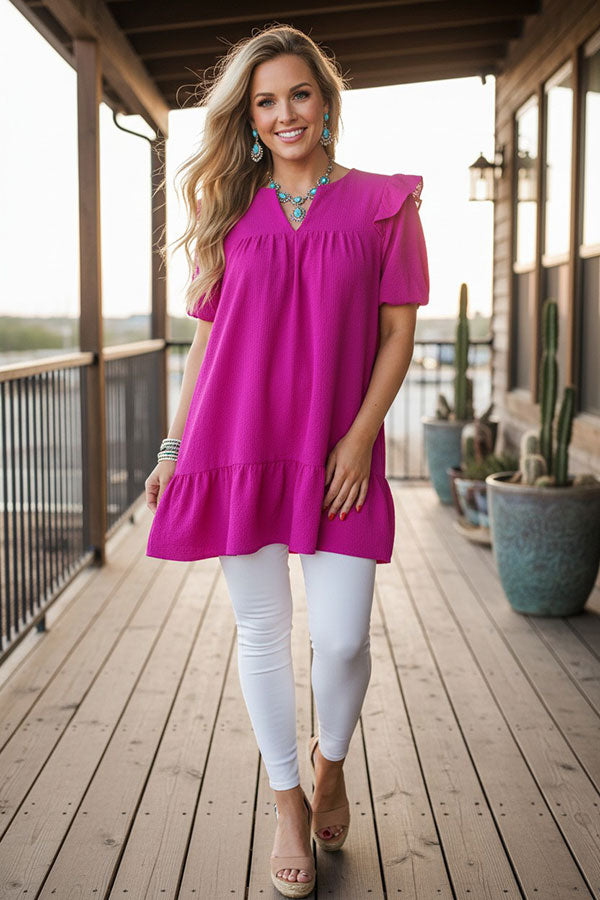 Trendy ruffle short sleeve women boutique top Southern Stitch XCH16119