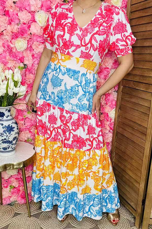 Maxi dress wholesale Floral printed color block & short sleeve & v-neckline XCH16160