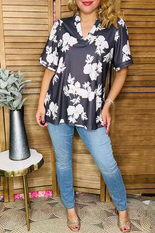 Charcoal and White Floral V-Neck Women Blouse W/Pleated sleeve XCH16204