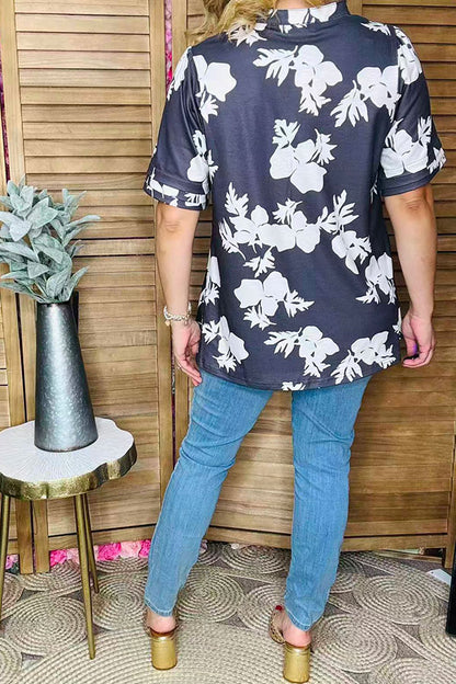 Charcoal and White Floral V-Neck Women Blouse W/Pleated sleeve XCH16204