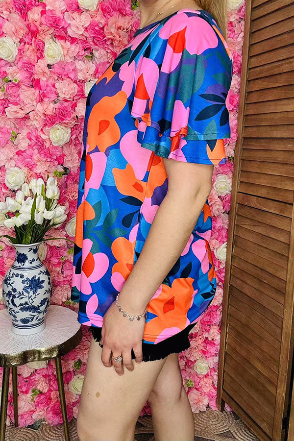 Wholesale women top Pink & orange & blue printed w/ruffle short sleeves XCH16211