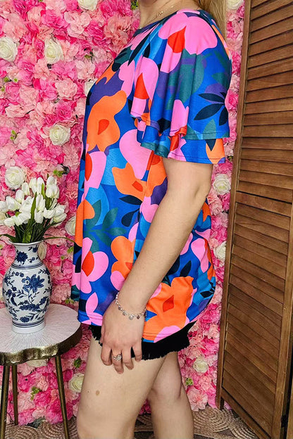 Wholesale women top Pink & orange & blue printed w/ruffle short sleeves XCH16211