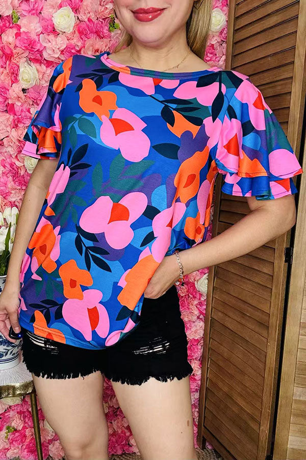 Wholesale women top Pink & orange & blue printed w/ruffle short sleeves XCH16211