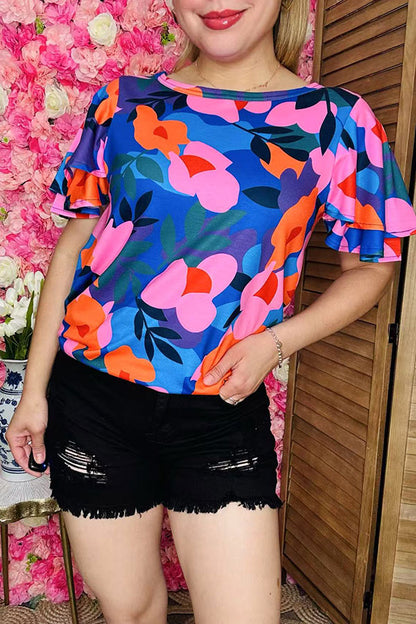 Wholesale women top Pink & orange & blue printed w/ruffle short sleeves XCH16211