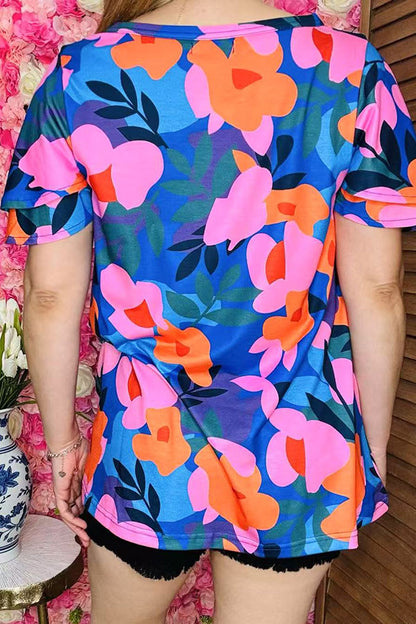 Wholesale women top Pink & orange & blue printed w/ruffle short sleeves XCH16211