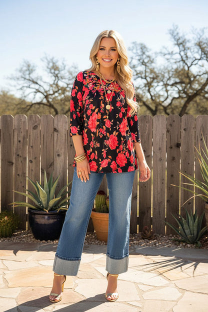 Chic floral embroidery & floral 3/4 sleeve women's boutique top XCH16339