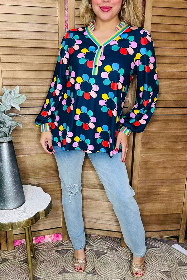 Multi color flower printed & striped balloon long sleeve women blouse XCH16345