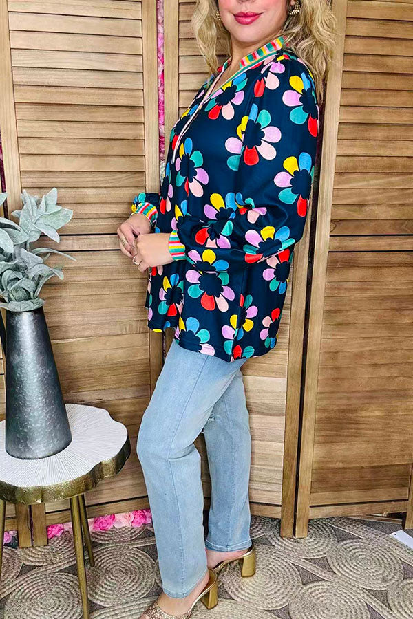 Multi color flower printed & striped balloon long sleeve women blouse XCH16345