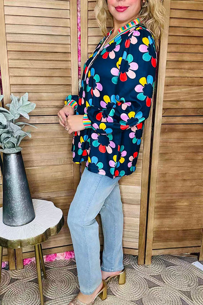 Multi color flower printed & striped balloon long sleeve women blouse XCH16345