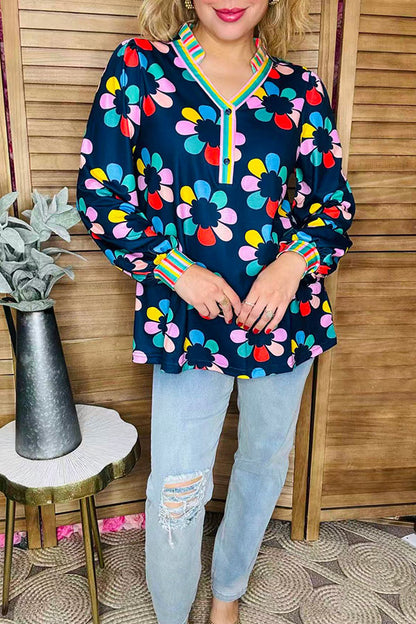 Multi color flower printed & striped balloon long sleeve women blouse XCH16345