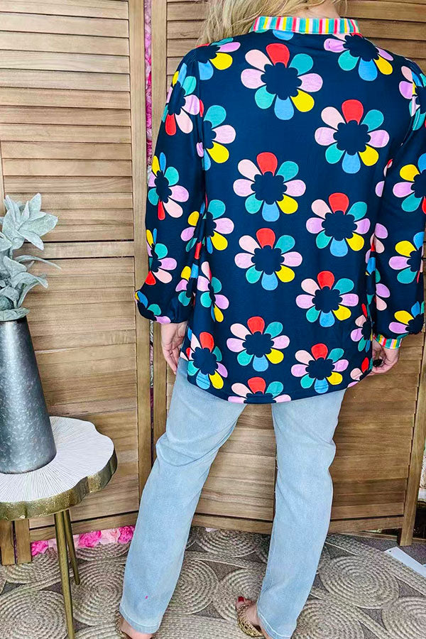 Multi color flower printed & striped balloon long sleeve women blouse XCH16345