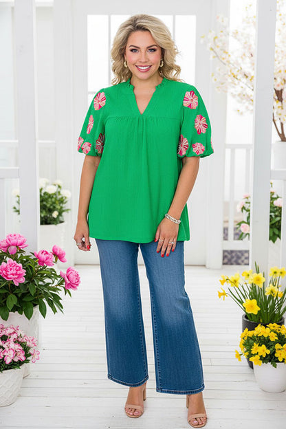 Flower embroidery green crepe fabric lantern short sleeve women top XCH16346