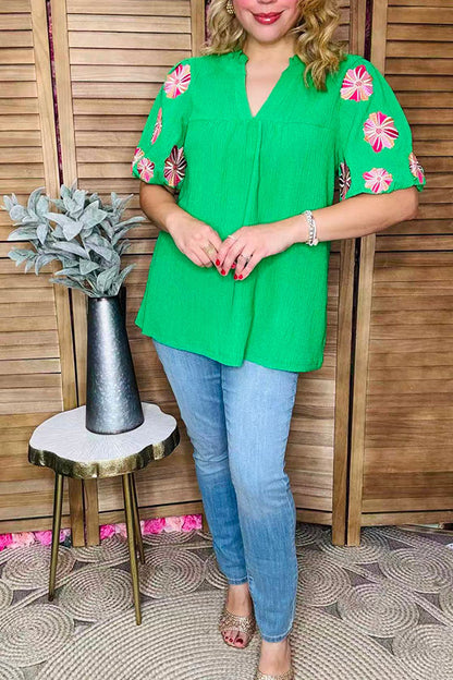 Flower embroidery green crepe fabric lantern short sleeve women top XCH16346